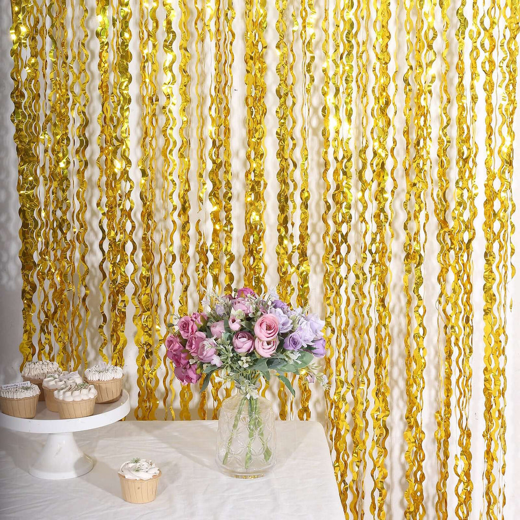 Metallic Gold Wavy Foil Fringe Party Backdrop, Curly Tinsel Streamer Photo Booth Curtain - 3ftx6ft - Bell Racket Store