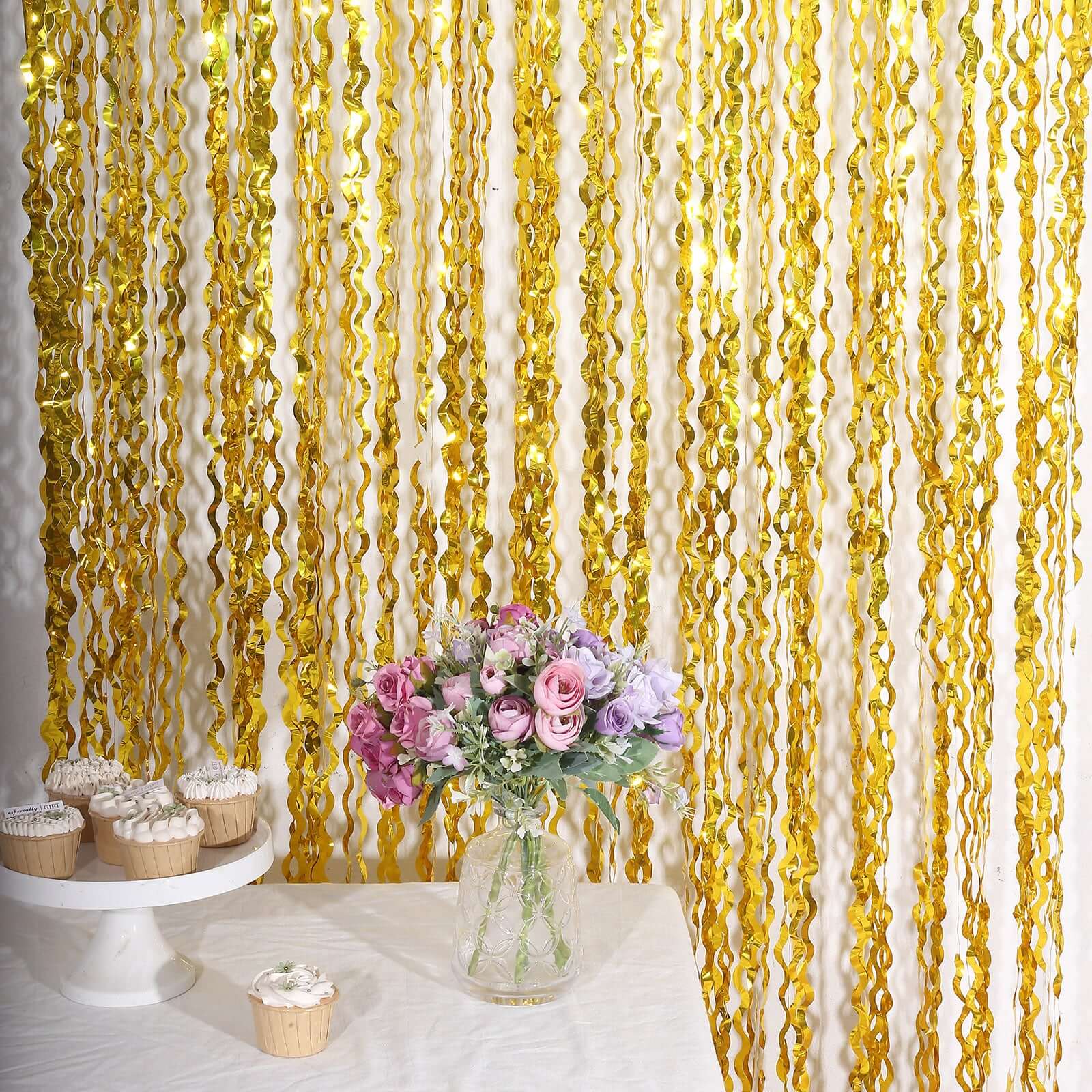 Metallic Gold Wavy Foil Fringe Party Backdrop, Curly Tinsel Streamer Photo Booth Curtain - 3ftx6ft - Bell Racket Store