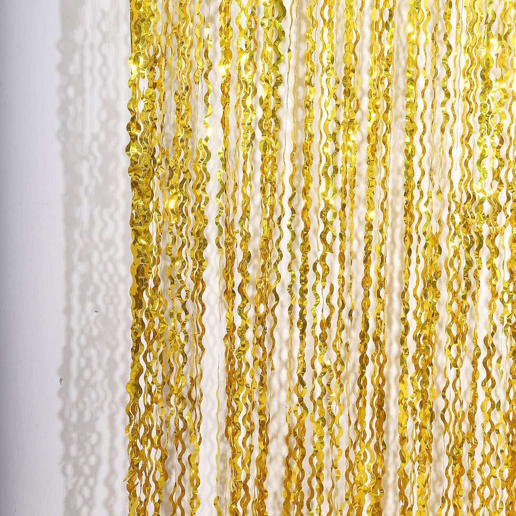 Metallic Gold Wavy Foil Fringe Party Backdrop, Curly Tinsel Streamer Photo Booth Curtain - 3ftx6ft - Bell Racket Store