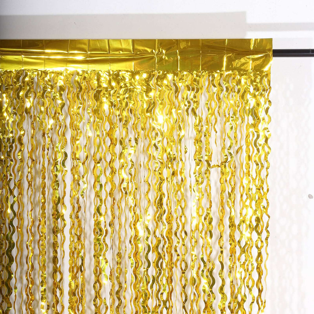 Metallic Gold Wavy Foil Fringe Party Backdrop, Curly Tinsel Streamer Photo Booth Curtain - 3ftx6ft - Bell Racket Store