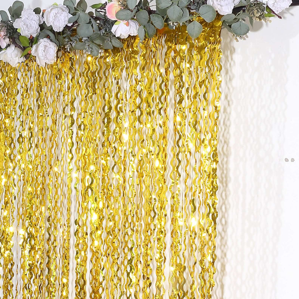 Metallic Gold Wavy Foil Fringe Party Backdrop, Curly Tinsel Streamer Photo Booth Curtain - 3ftx6ft - Bell Racket Store