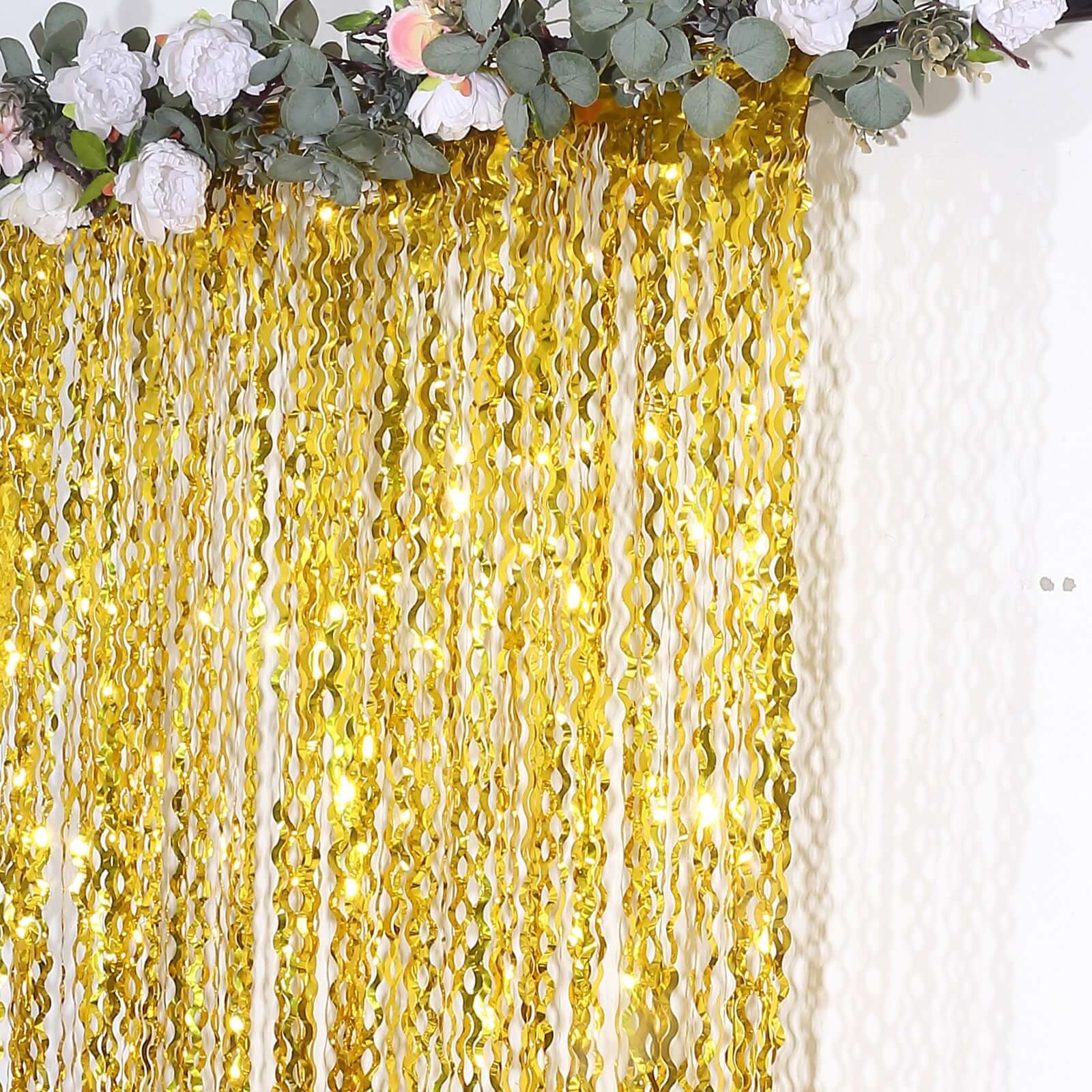 Metallic Gold Wavy Foil Fringe Party Backdrop, Curly Tinsel Streamer Photo Booth Curtain - 3ftx6ft - Bell Racket Store