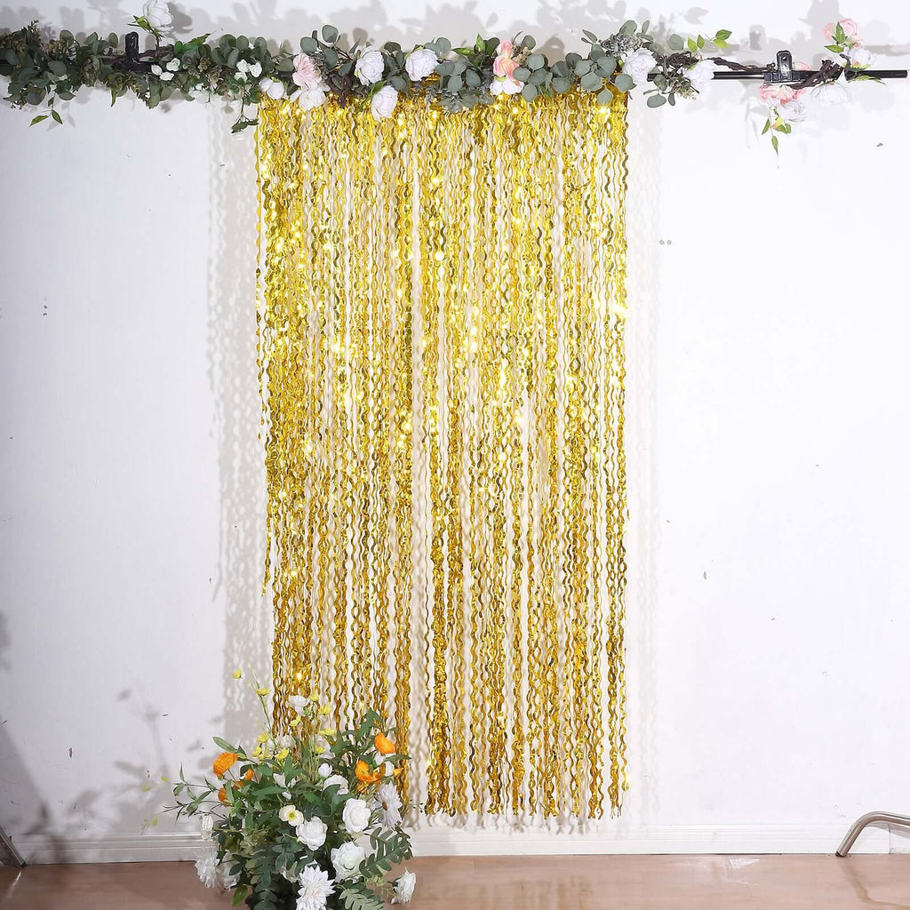 Metallic Gold Wavy Foil Fringe Party Backdrop, Curly Tinsel Streamer Photo Booth Curtain - 3ftx6ft - Bell Racket Store