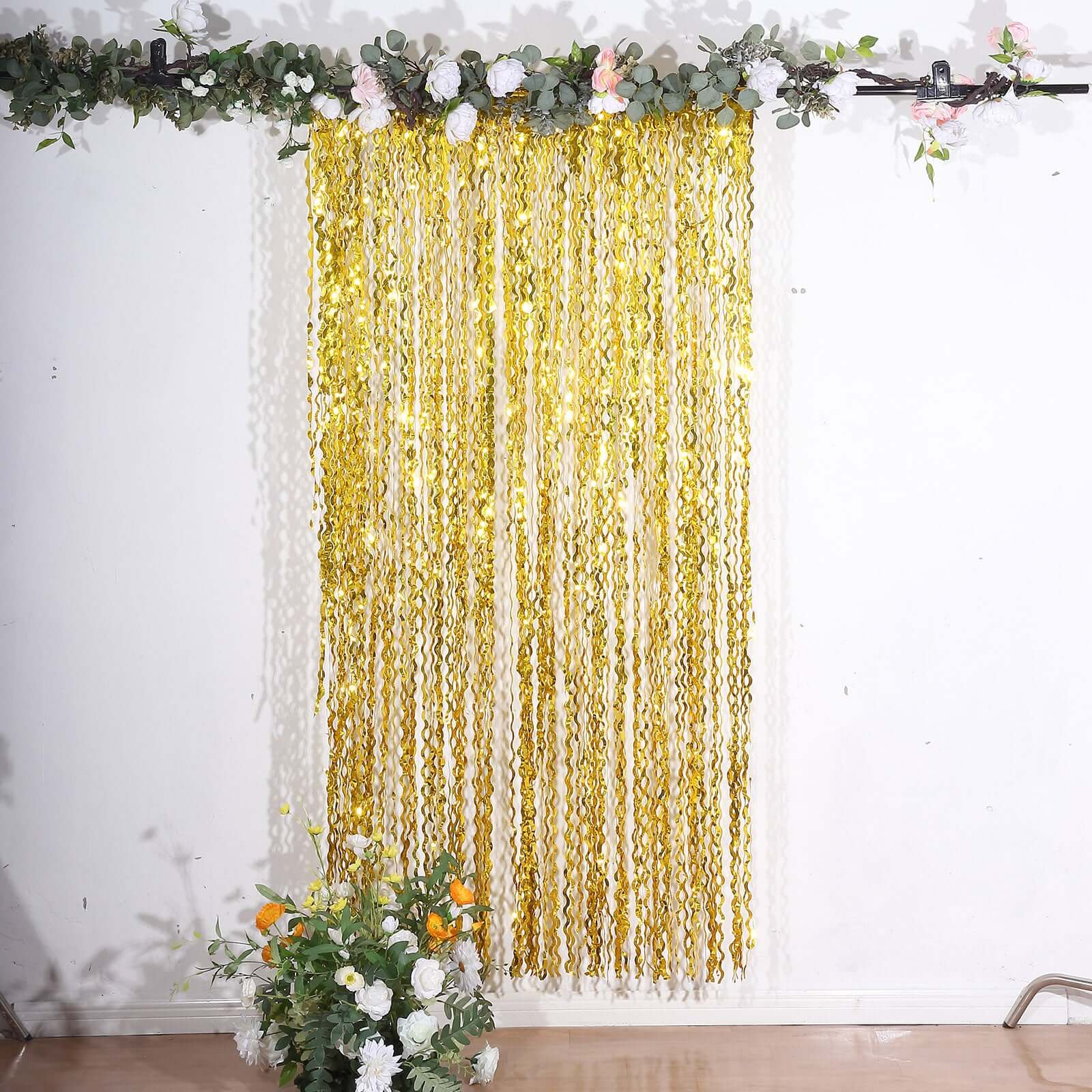 Metallic Gold Wavy Foil Fringe Party Backdrop, Curly Tinsel Streamer Photo Booth Curtain - 3ftx6ft - Bell Racket Store