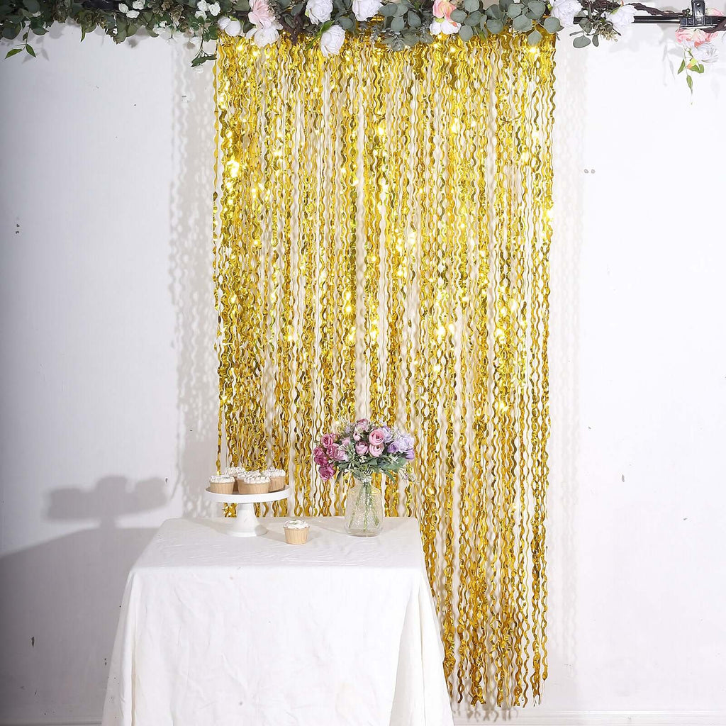 Metallic Gold Wavy Foil Fringe Party Backdrop, Curly Tinsel Streamer Photo Booth Curtain - 3ftx6ft - Bell Racket Store
