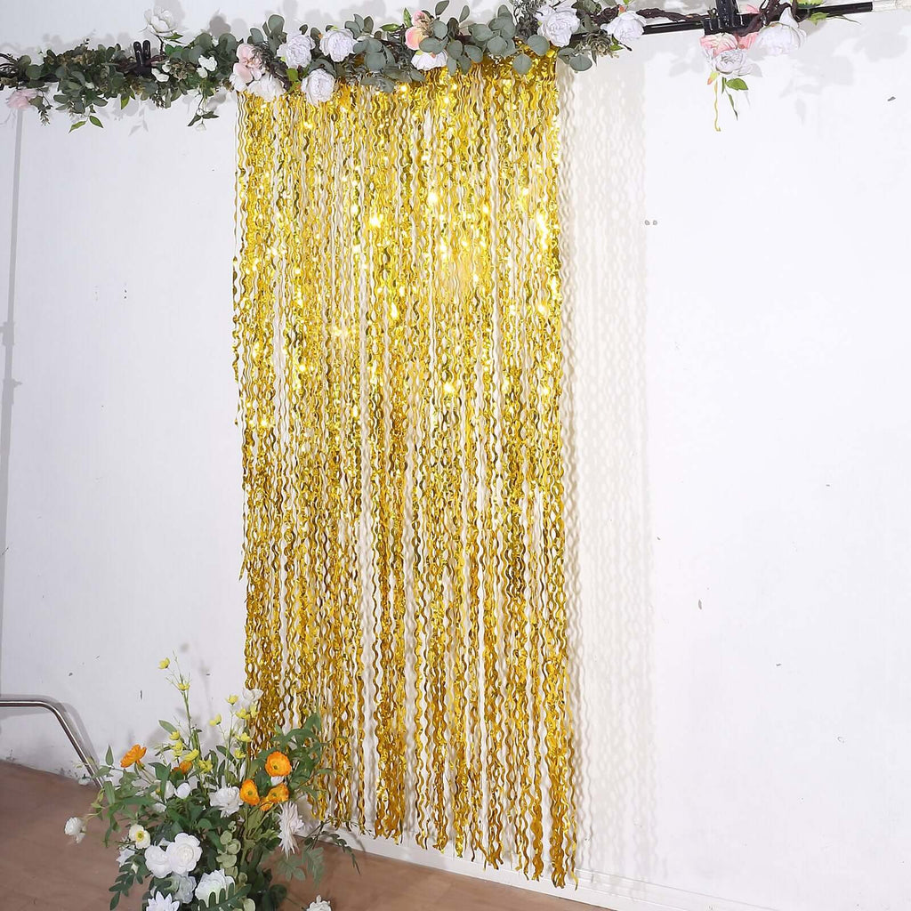Metallic Gold Wavy Foil Fringe Party Backdrop, Curly Tinsel Streamer Photo Booth Curtain - 3ftx6ft - Bell Racket Store