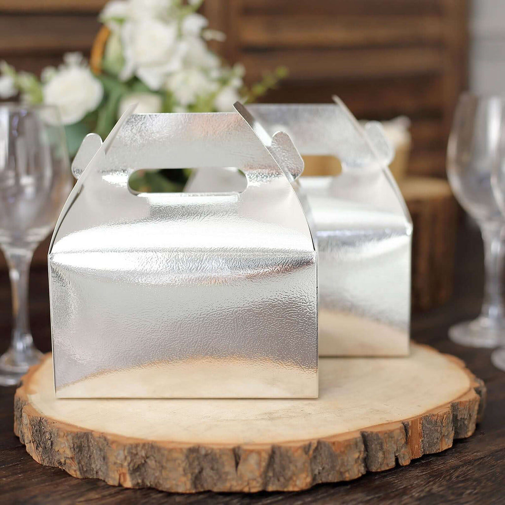 25 Pack Metallic Silver Candy Gift Tote Gable Boxes, Party Favor Treat Bags - 6"x3.5"x7"