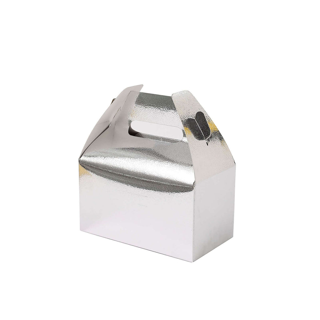 25 Pack Metallic Silver Candy Gift Tote Gable Boxes, Party Favor Treat Bags - 6"x3.5"x7"