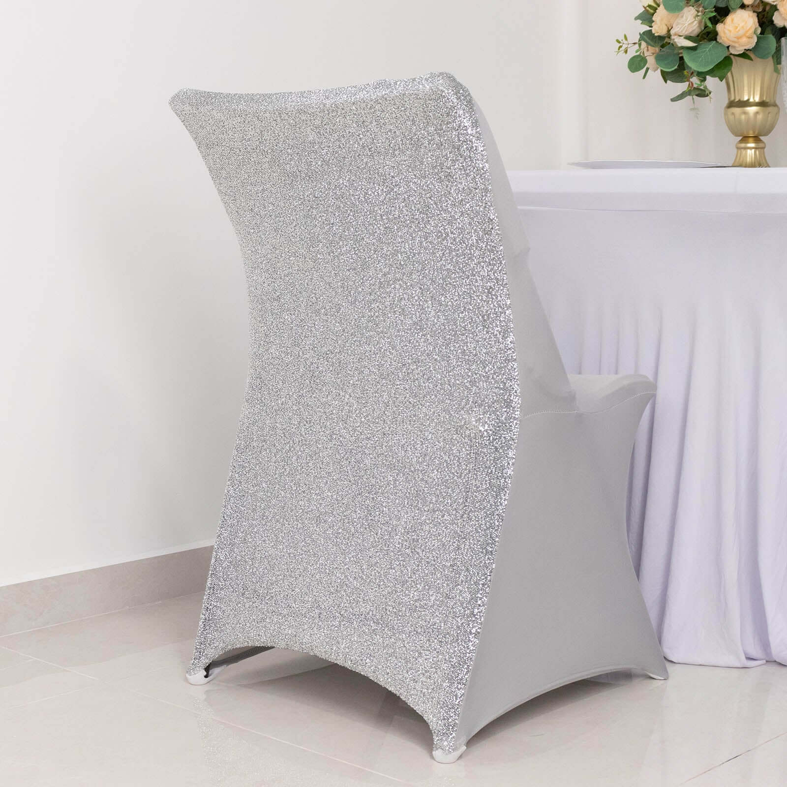 Stretch Spandex Chair Cover Silver for Folding Chairs - Metallic Shimmer Tinsel Back Design Fitted Slipcover