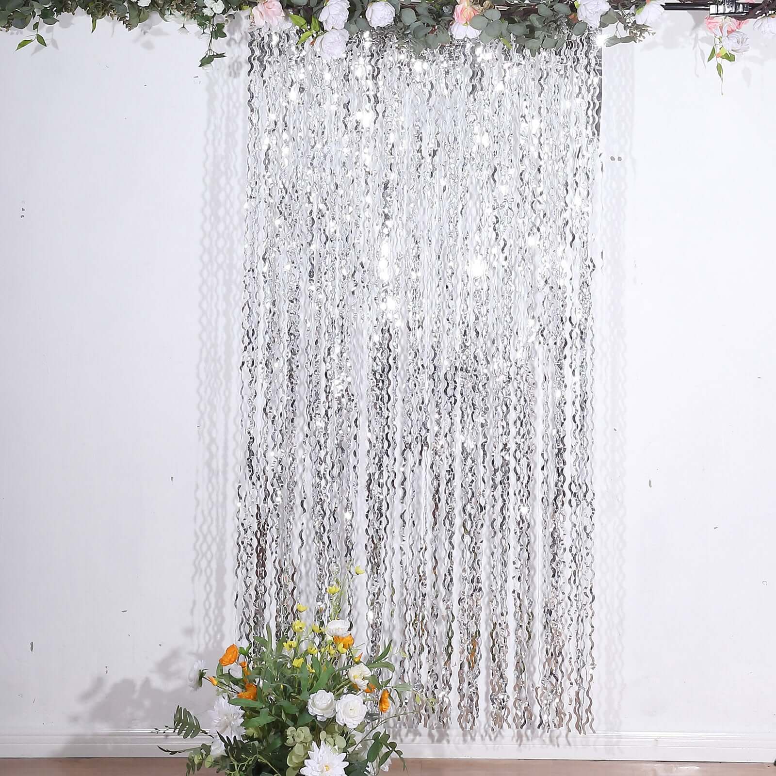 Metallic Silver Wavy Foil Fringe Party Backdrop, Curly Tinsel Streamer Photo Booth Curtain - 3ftx6ft - Bell Racket Store