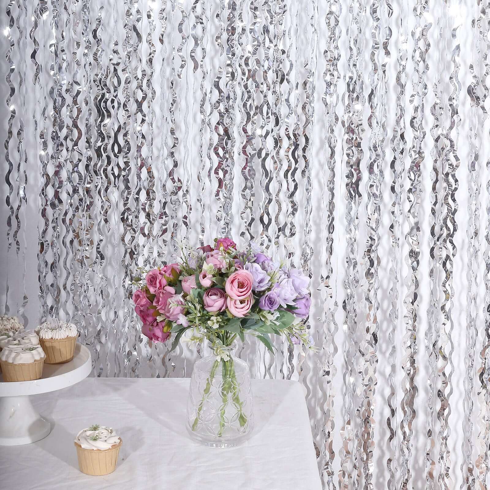 Metallic Silver Wavy Foil Fringe Party Backdrop, Curly Tinsel Streamer Photo Booth Curtain - 3ftx6ft - Bell Racket Store