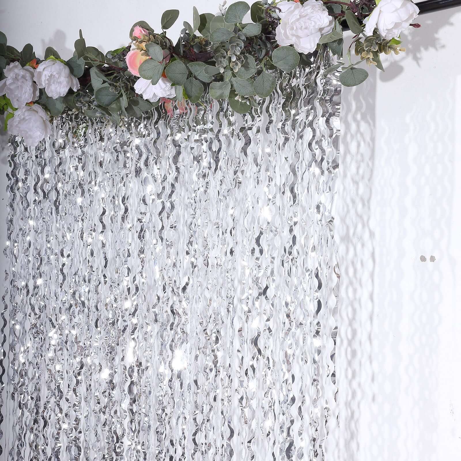 Metallic Silver Wavy Foil Fringe Party Backdrop, Curly Tinsel Streamer Photo Booth Curtain - 3ftx6ft - Bell Racket Store