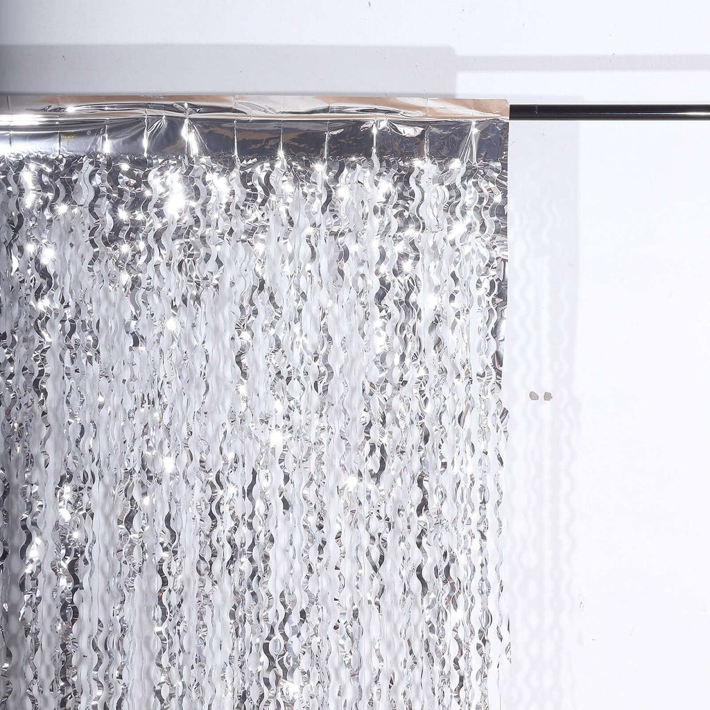 Metallic Silver Wavy Foil Fringe Party Backdrop, Curly Tinsel Streamer Photo Booth Curtain - 3ftx6ft - Bell Racket Store