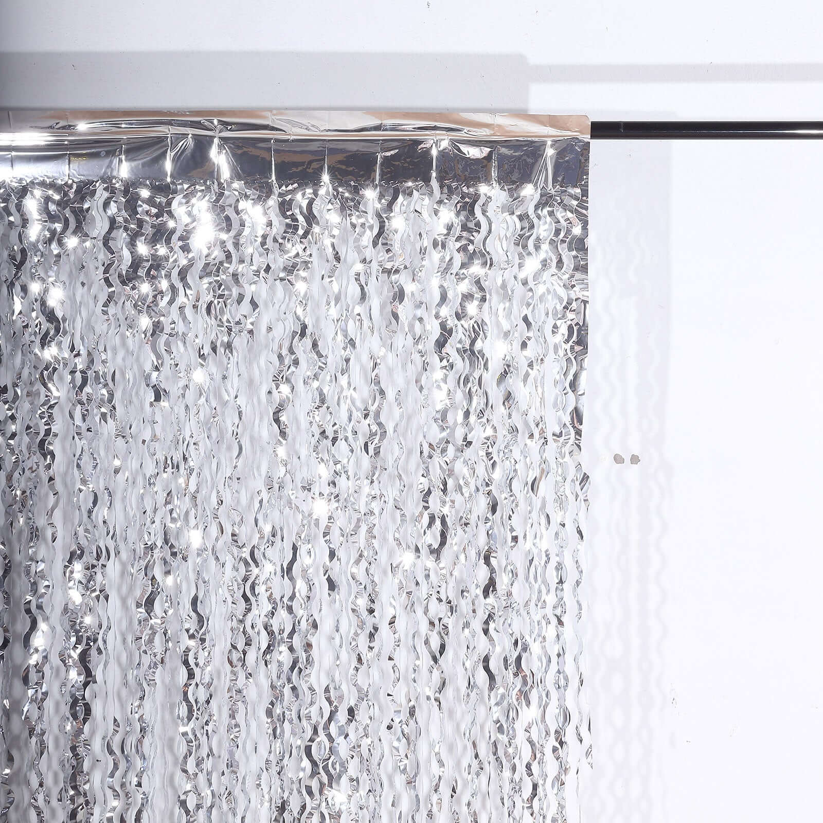 Metallic Silver Wavy Foil Fringe Party Backdrop, Curly Tinsel Streamer Photo Booth Curtain - 3ftx6ft - Bell Racket Store