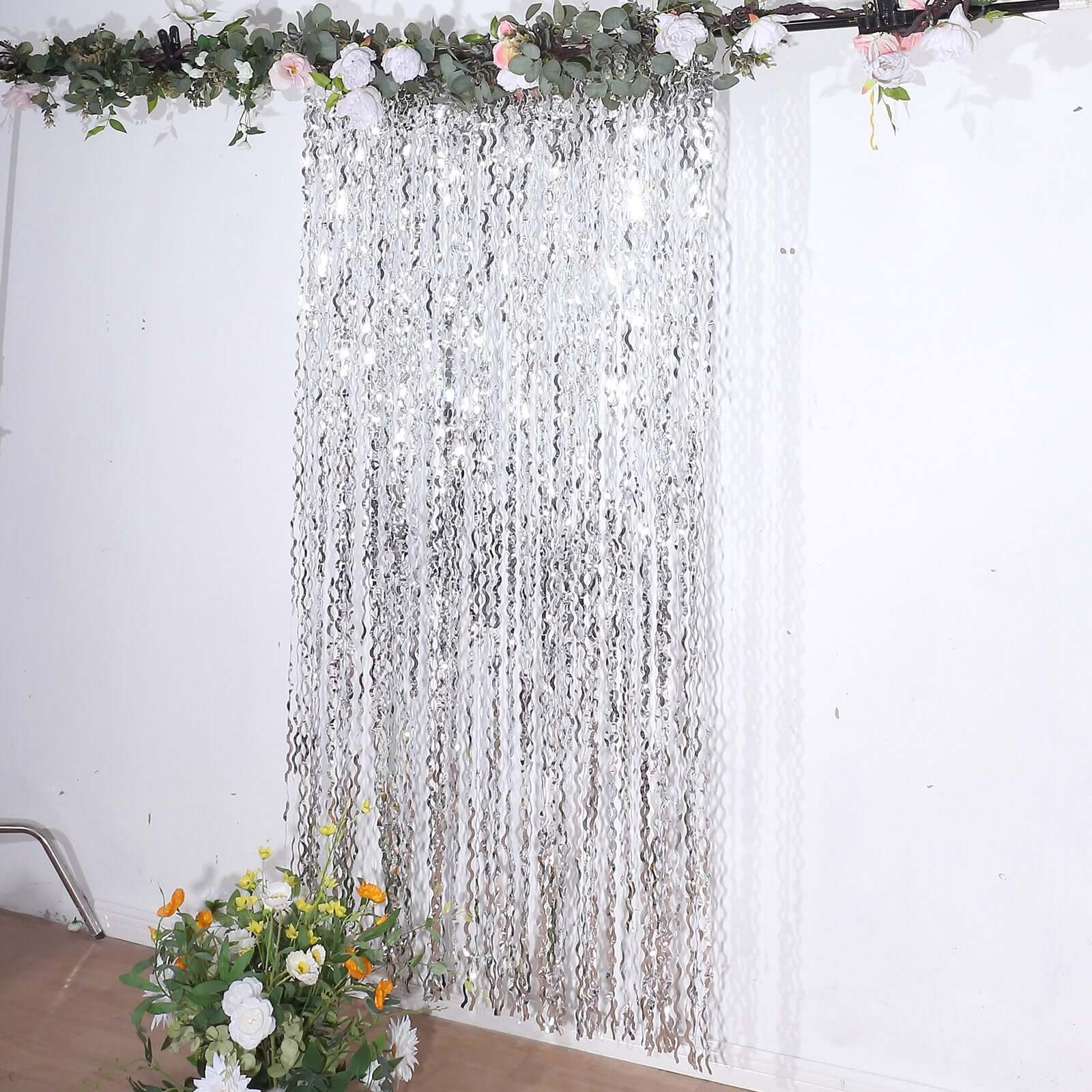 Metallic Silver Wavy Foil Fringe Party Backdrop, Curly Tinsel Streamer Photo Booth Curtain - 3ftx6ft - Bell Racket Store