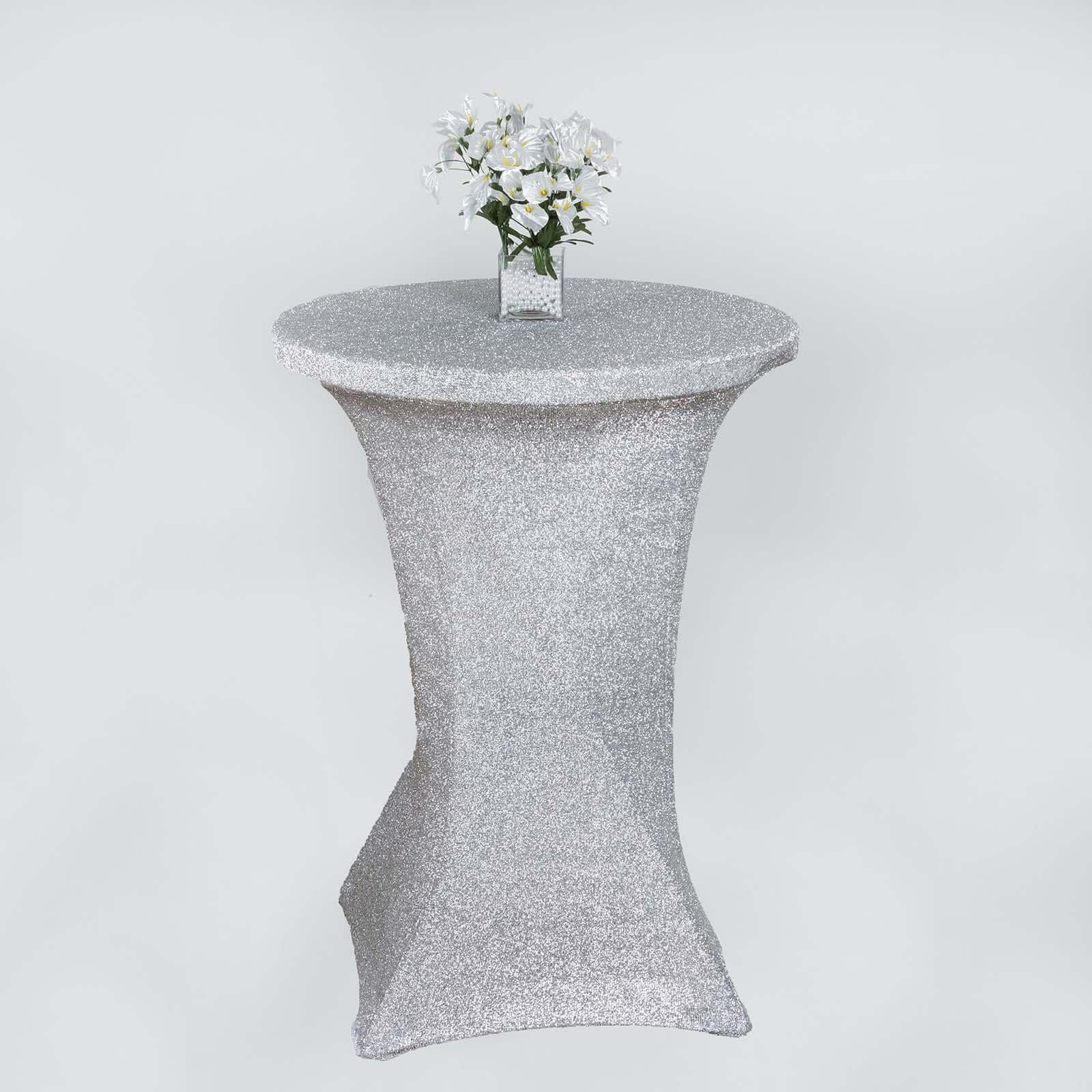 Metallic Spandex 36" Fitted Glitter Round Cocktail Table Cover Silver - Stretch Fit for High Top Tables - NestOCart