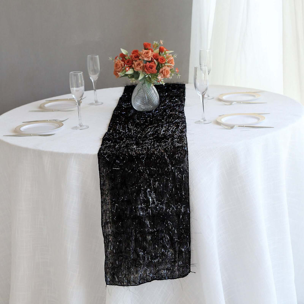 Metallic Tinsel Polyester 12"x108" Table Runner Black - Shimmery Fringe Shag Table Decor - Bell Racket Store