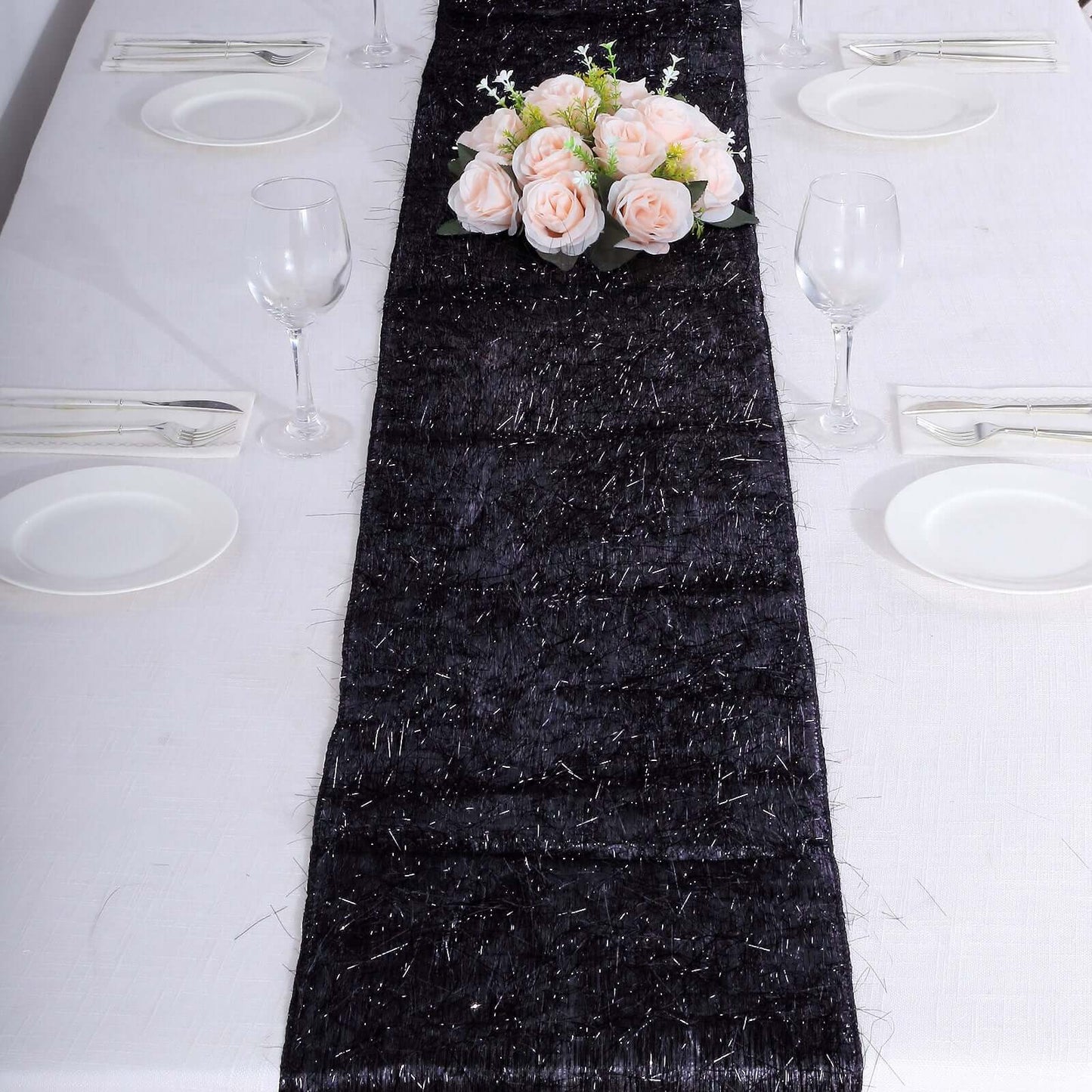 Metallic Tinsel Polyester 12"x108" Table Runner Black - Shimmery Fringe Shag Table Decor - Bell Racket Store