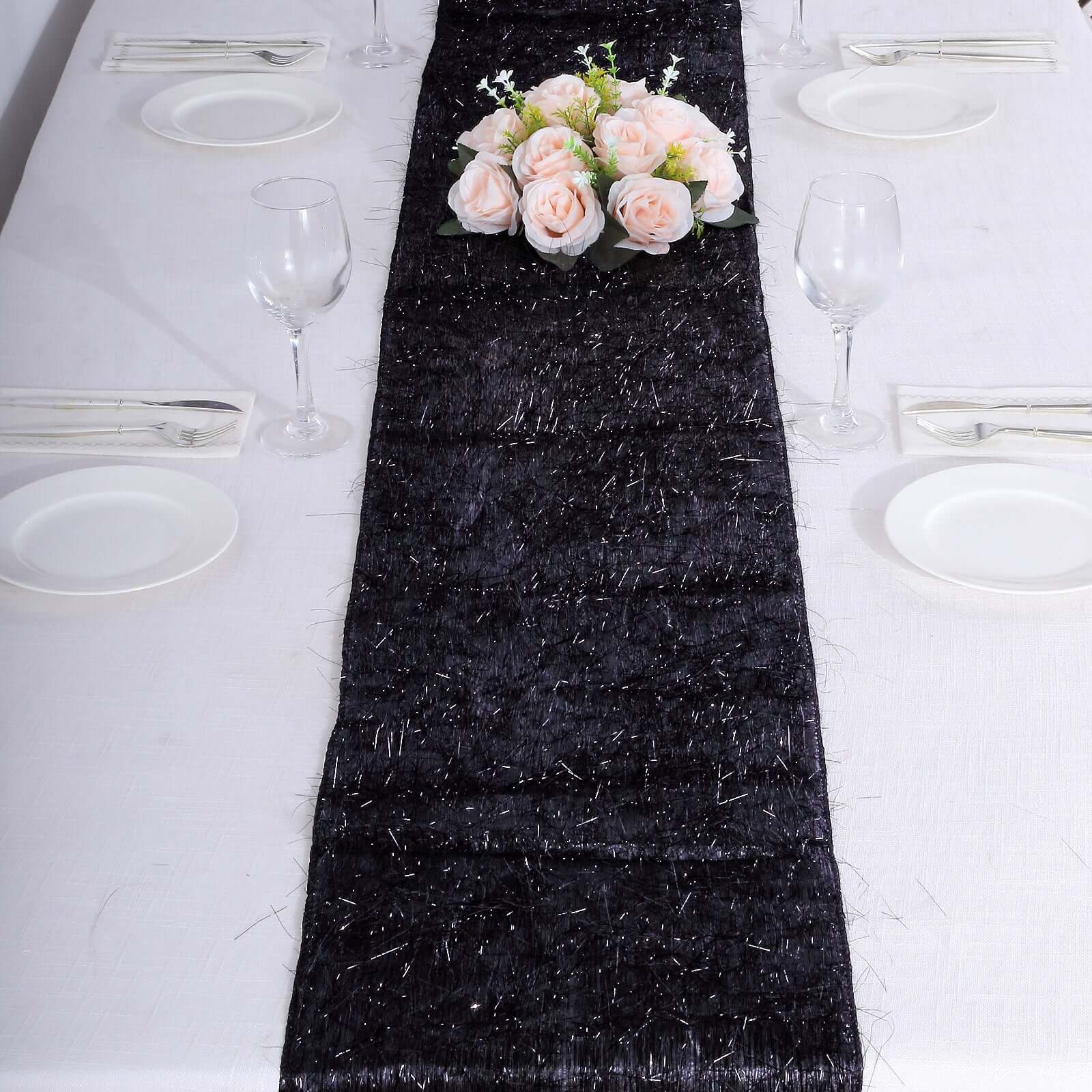 Metallic Tinsel Polyester 12"x108" Table Runner Black - Shimmery Fringe Shag Table Decor - Bell Racket Store