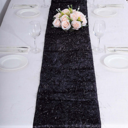 Metallic Tinsel Polyester 12"x108" Table Runner Black - Shimmery Fringe Shag Table Decor - Bell Racket Store