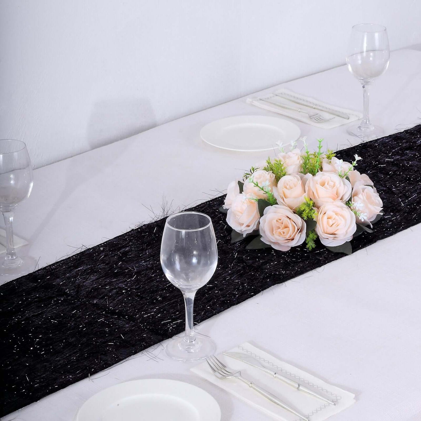 Metallic Tinsel Polyester 12"x108" Table Runner Black - Shimmery Fringe Shag Table Decor - Bell Racket Store