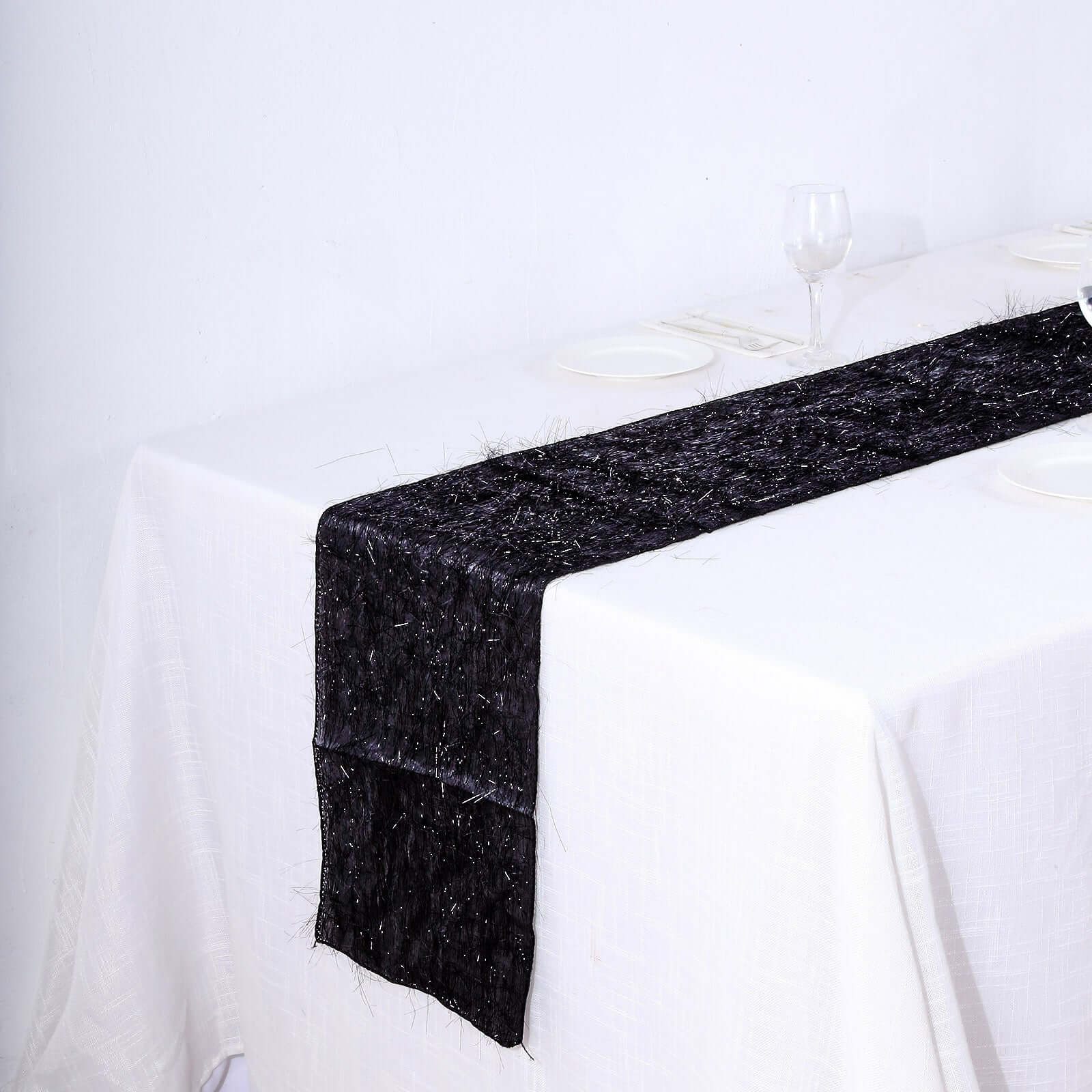Metallic Tinsel Polyester 12"x108" Table Runner Black - Shimmery Fringe Shag Table Decor - Bell Racket Store