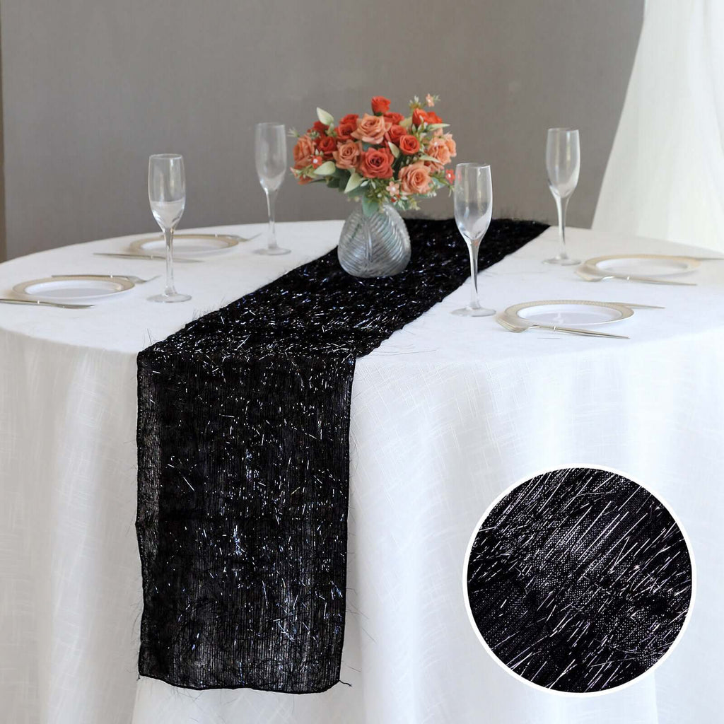 Metallic Tinsel Polyester 12"x108" Table Runner Black - Shimmery Fringe Shag Table Decor - Bell Racket Store