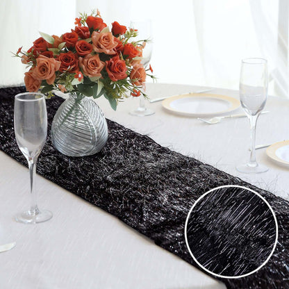 Metallic Tinsel Polyester 12"x108" Table Runner Black - Shimmery Fringe Shag Table Decor - Bell Racket Store