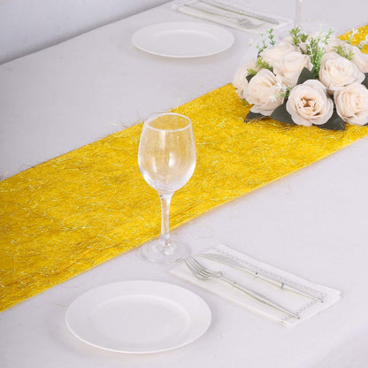 Metallic Tinsel Polyester 12"x108" Table Runner Gold - Shimmery Fringe Shag Event Table Decor - Bell Racket Store