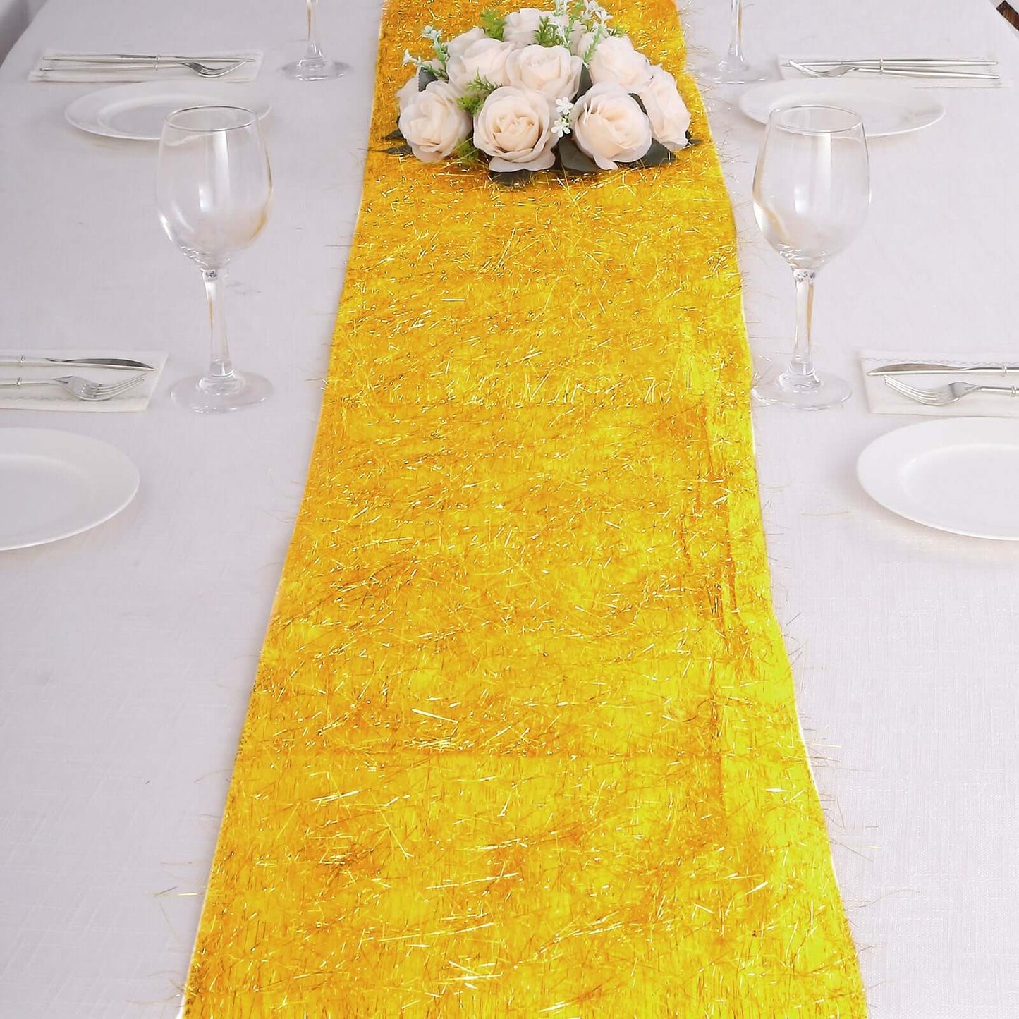 Metallic Tinsel Polyester 12"x108" Table Runner Gold - Shimmery Fringe Shag Event Table Decor - Bell Racket Store