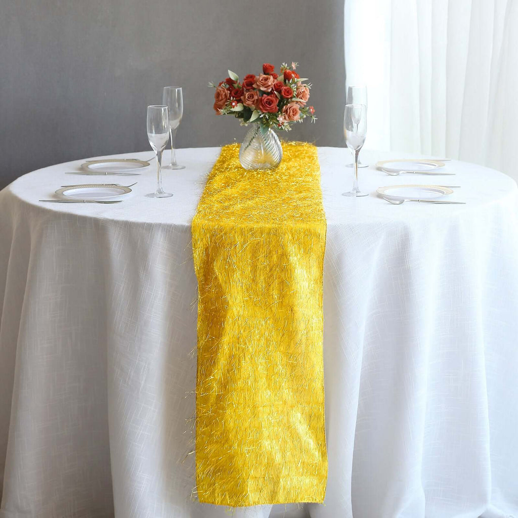 Metallic Tinsel Polyester 12"x108" Table Runner Gold - Shimmery Fringe Shag Event Table Decor - Bell Racket Store