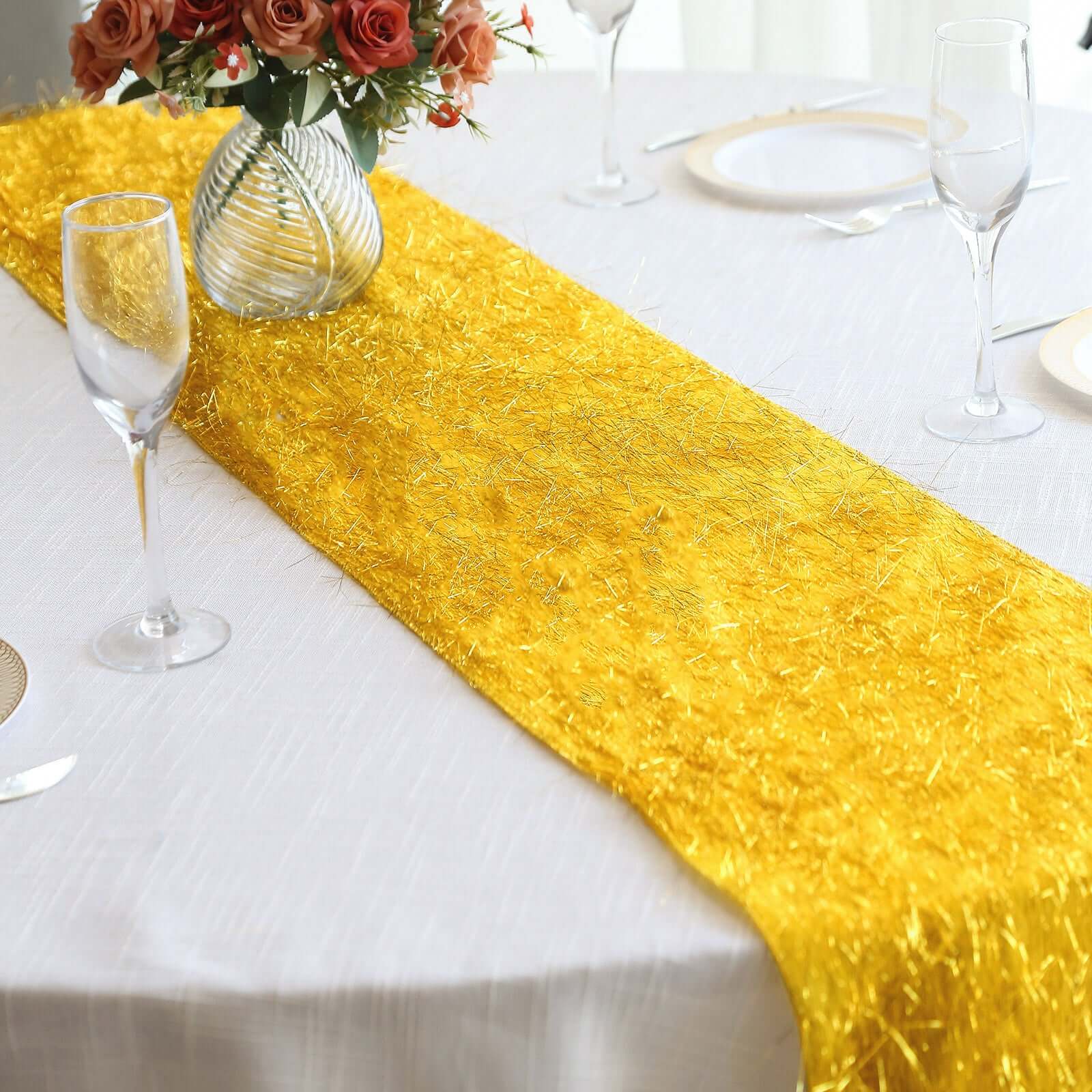 Metallic Tinsel Polyester 12"x108" Table Runner Gold - Shimmery Fringe Shag Event Table Decor - Bell Racket Store