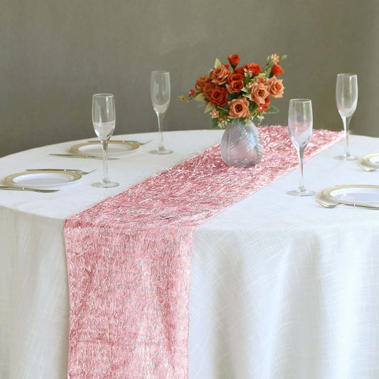 Metallic Tinsel Polyester 12"x108" Table Runner Rose Gold - Shimmery Fringe Shag Table Decor - Bell Racket Store