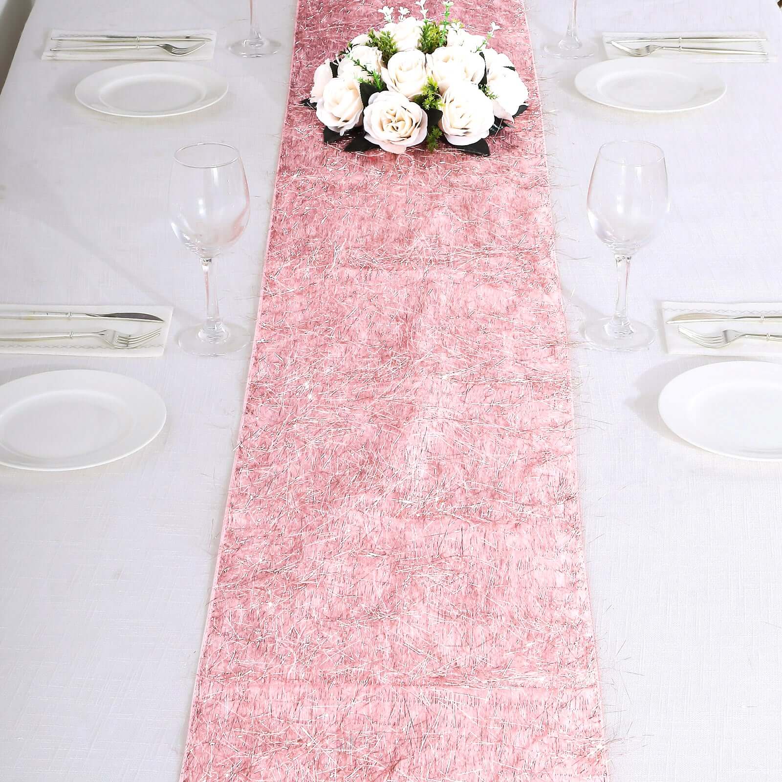 Metallic Tinsel Polyester 12"x108" Table Runner Rose Gold - Shimmery Fringe Shag Table Decor - Bell Racket Store