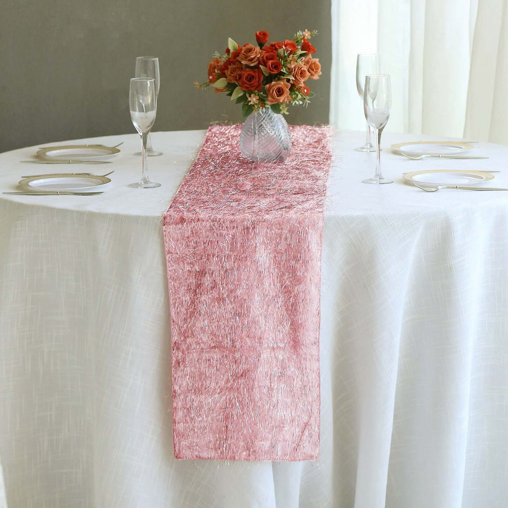 Metallic Tinsel Polyester 12"x108" Table Runner Rose Gold - Shimmery Fringe Shag Table Decor - Bell Racket Store