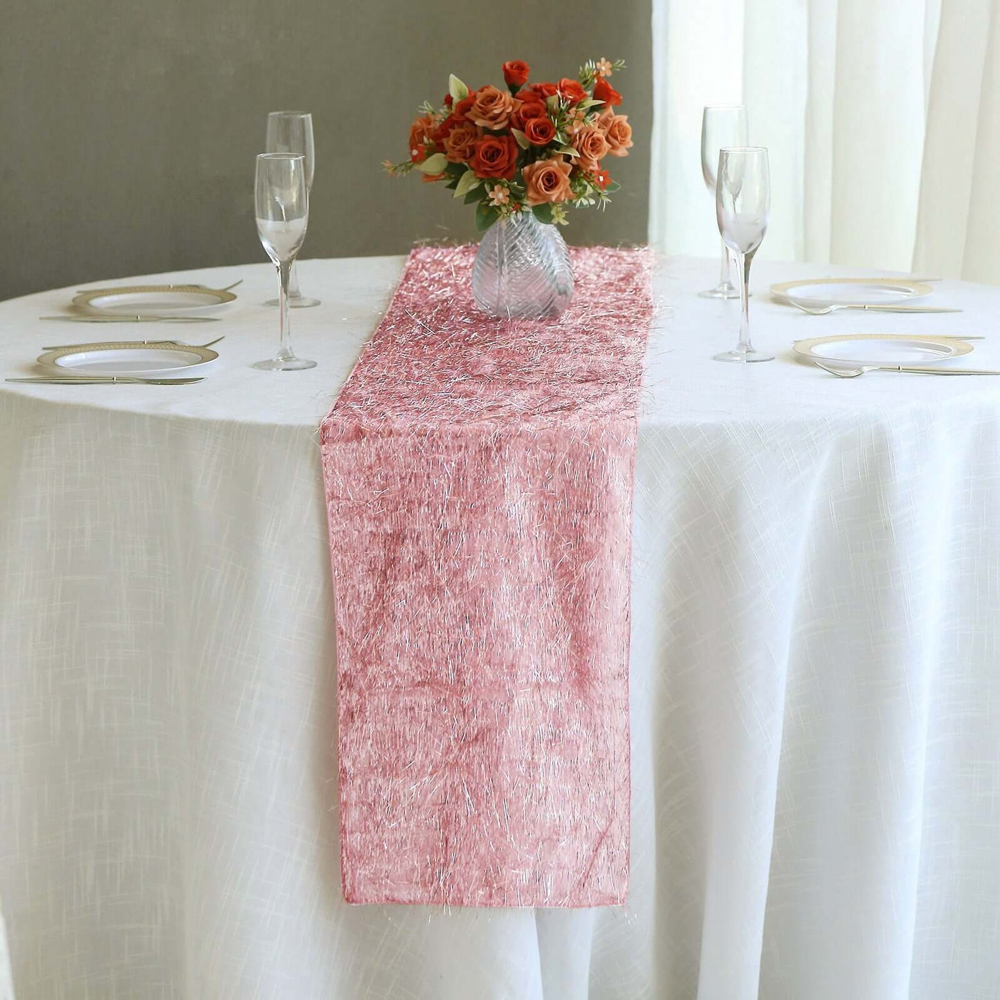 Metallic Tinsel Polyester 12"x108" Table Runner Rose Gold - Shimmery Fringe Shag Table Decor - Bell Racket Store