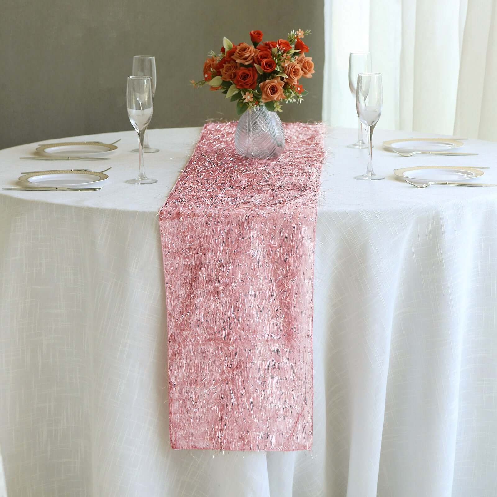 Metallic Tinsel Polyester 12"x108" Table Runner Rose Gold - Shimmery Fringe Shag Table Decor - Bell Racket Store