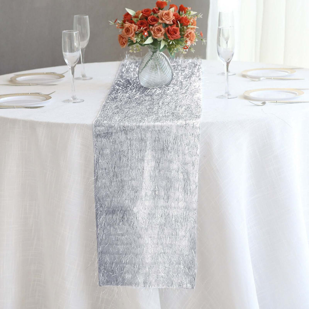 Metallic Tinsel Polyester 12"x108" Table Runner Silver - Shimmery Fringe Shag Table Decor - Bell Racket Store
