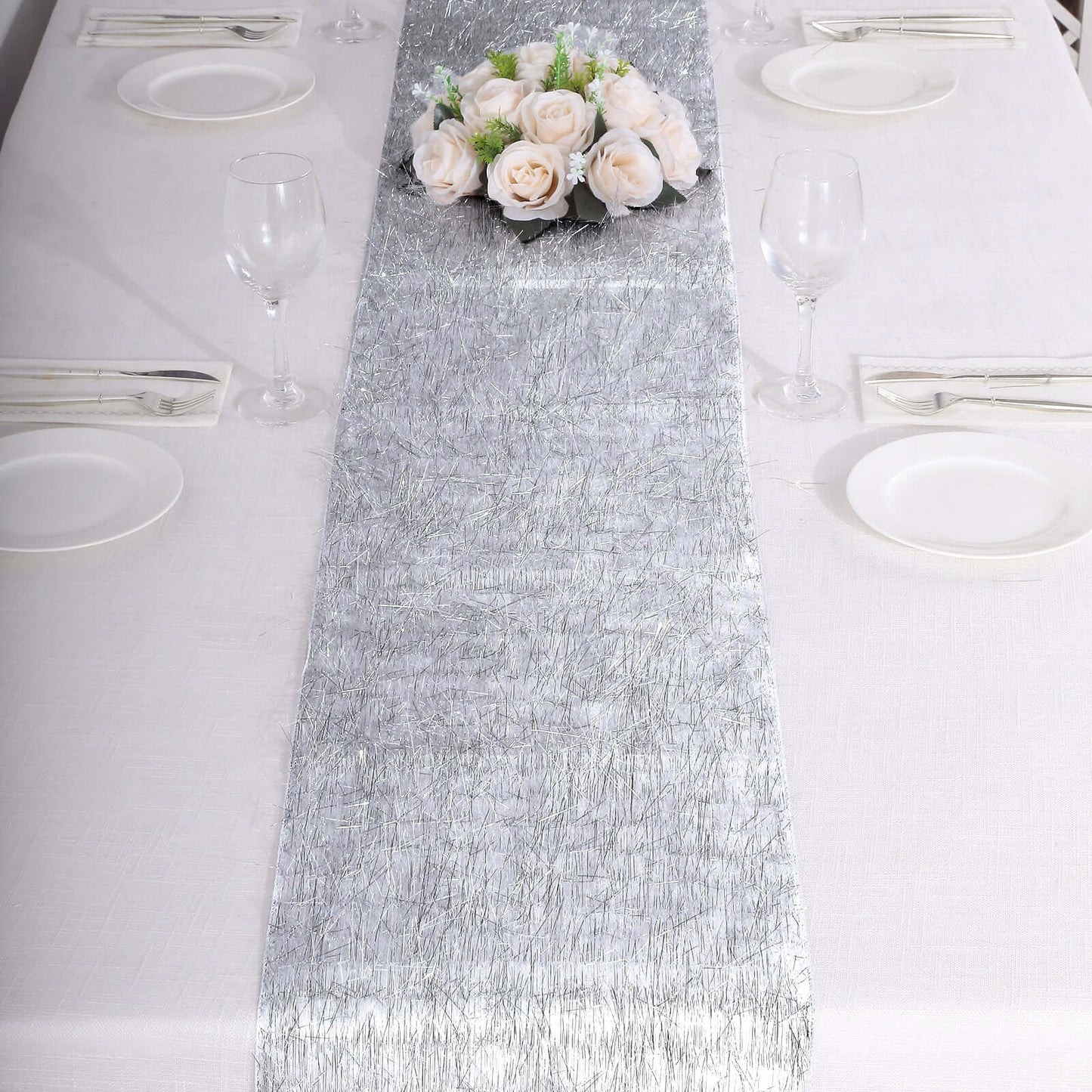 Metallic Tinsel Polyester 12"x108" Table Runner Silver - Shimmery Fringe Shag Table Decor - Bell Racket Store