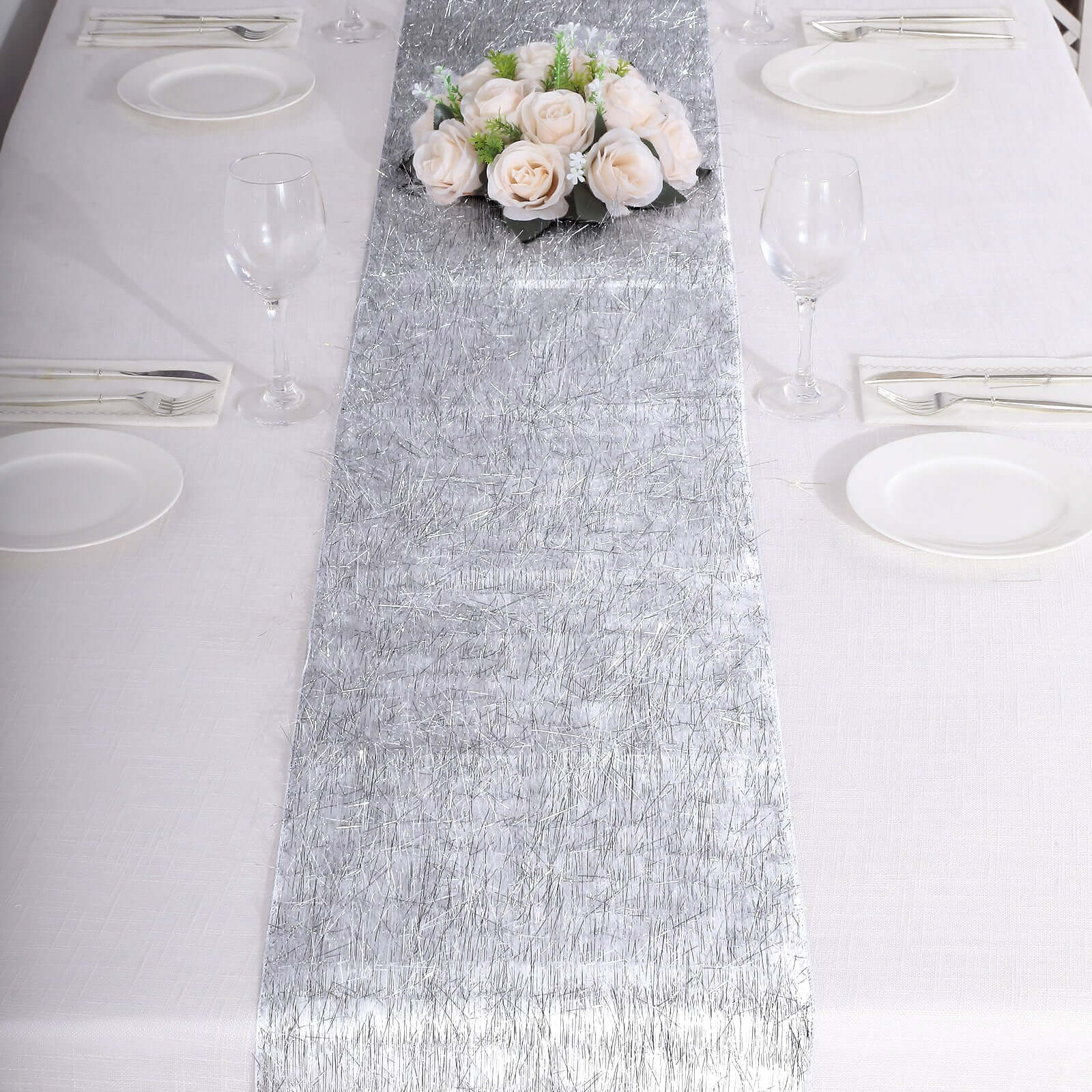Metallic Tinsel Polyester 12"x108" Table Runner Silver - Shimmery Fringe Shag Table Decor - Bell Racket Store