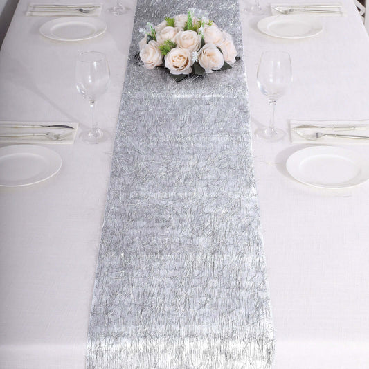 Metallic Tinsel Polyester 12"x108" Table Runner Silver - Shimmery Fringe Shag Table Decor - Bell Racket Store