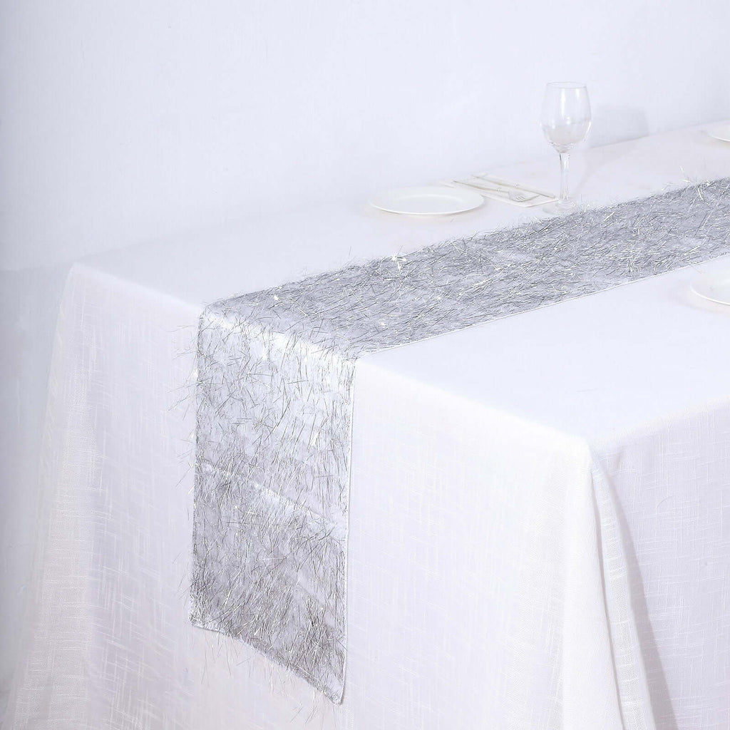 Metallic Tinsel Polyester 12"x108" Table Runner Silver - Shimmery Fringe Shag Table Decor - Bell Racket Store