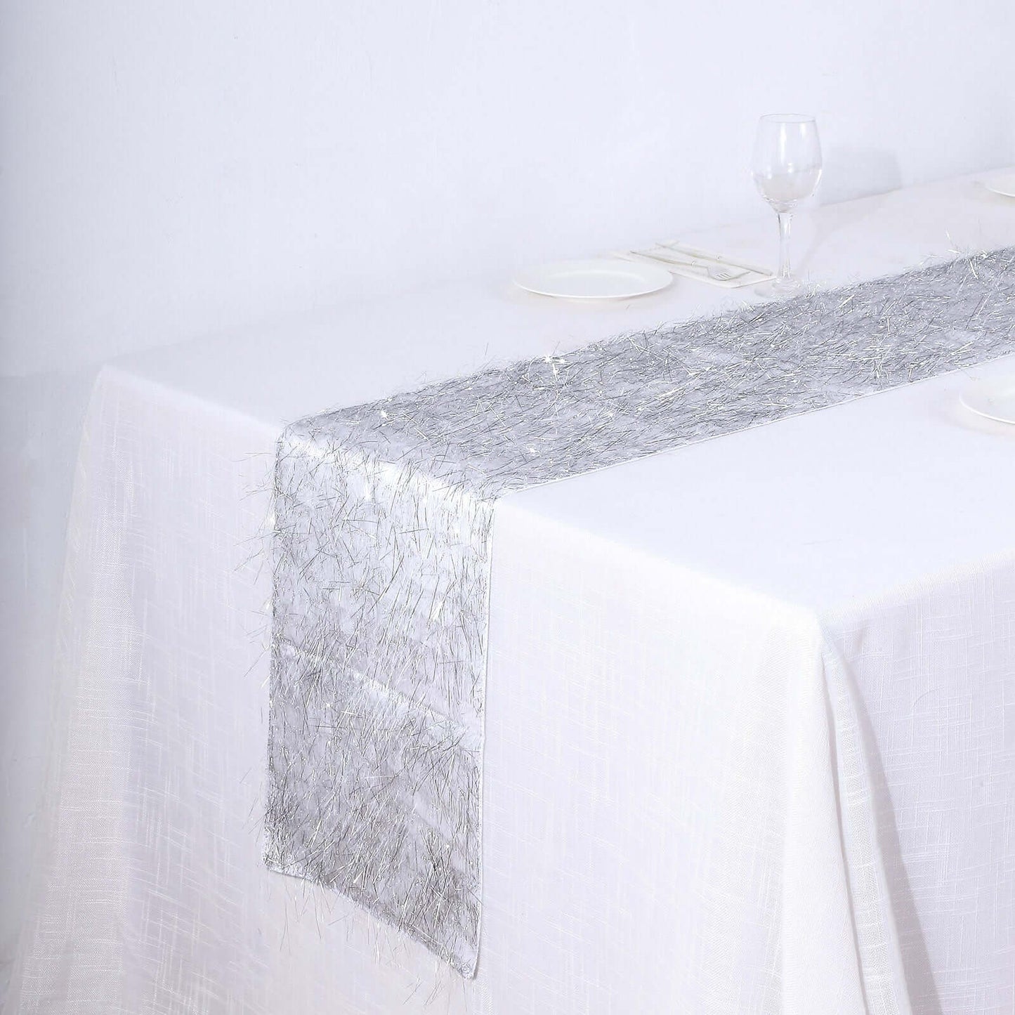 Metallic Tinsel Polyester 12"x108" Table Runner Silver - Shimmery Fringe Shag Table Decor - Bell Racket Store