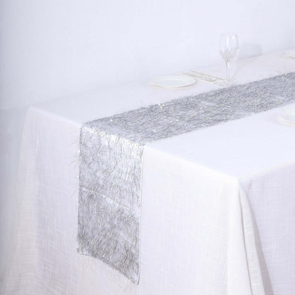 Metallic Tinsel Polyester 12"x108" Table Runner Silver - Shimmery Fringe Shag Table Decor - Bell Racket Store