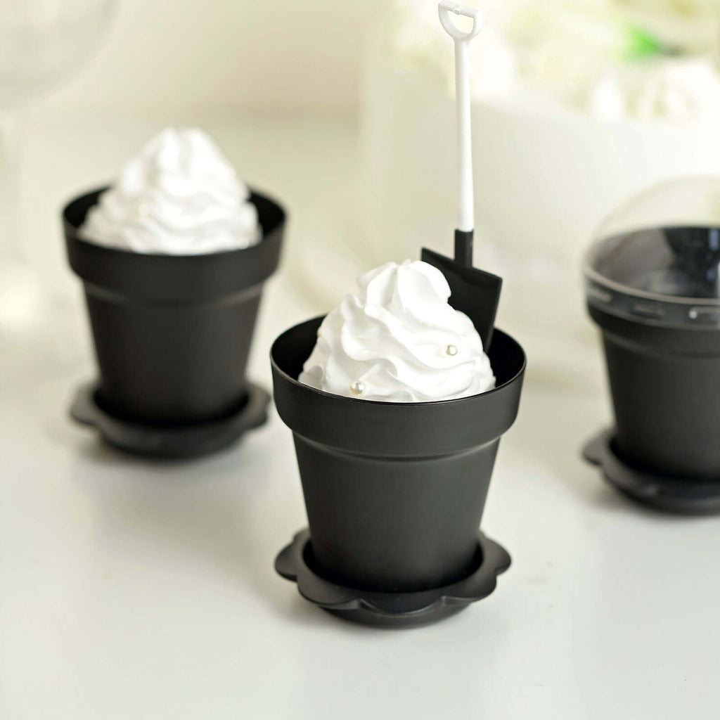 12-Pack Dessert Cups Succulent Planter Design Black - Plastic Serving Cups with Lids and Shovels 4"