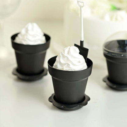 12-Pack Dessert Cups Succulent Planter Design Black - Plastic Serving Cups with Lids and Shovels 4"