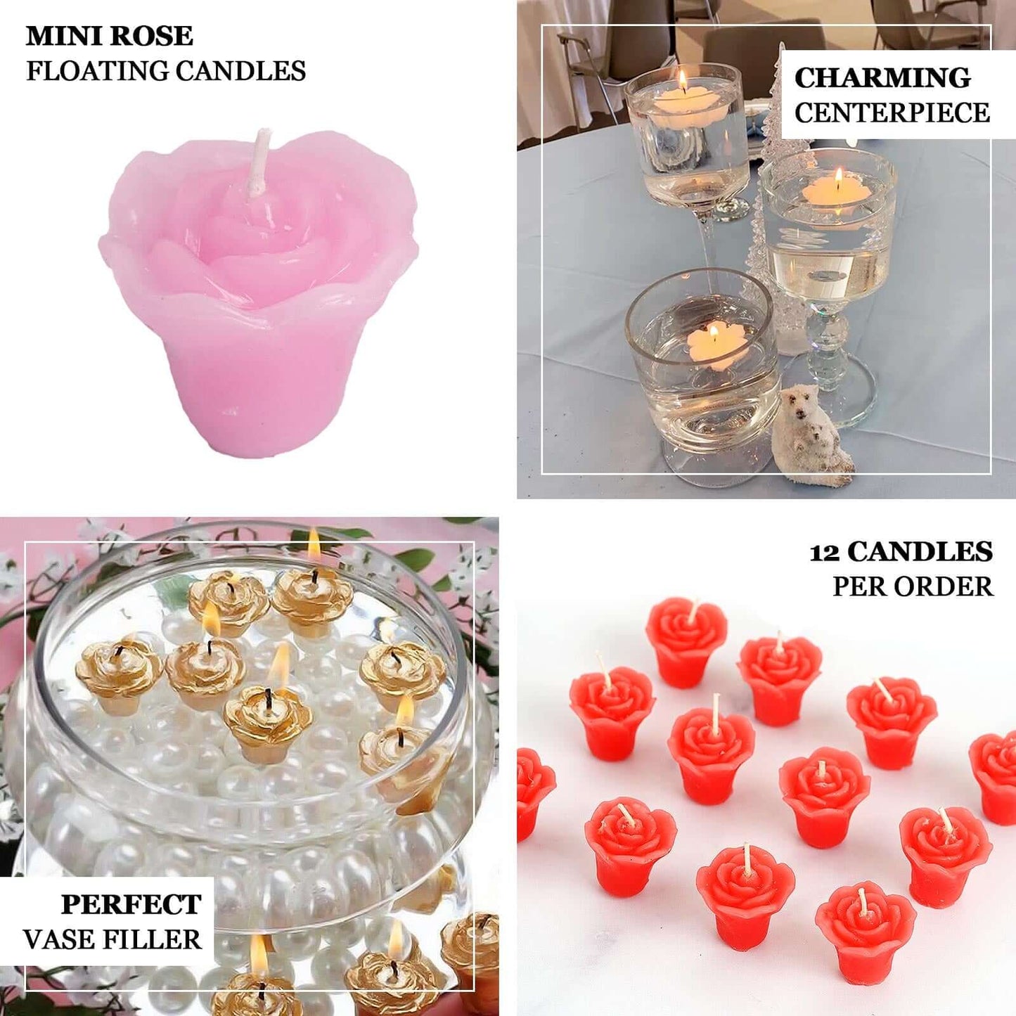 12-Pack Mini Floating Candles Rose Flower Design Pink - Wedding Vase Fillers for Decor 1"