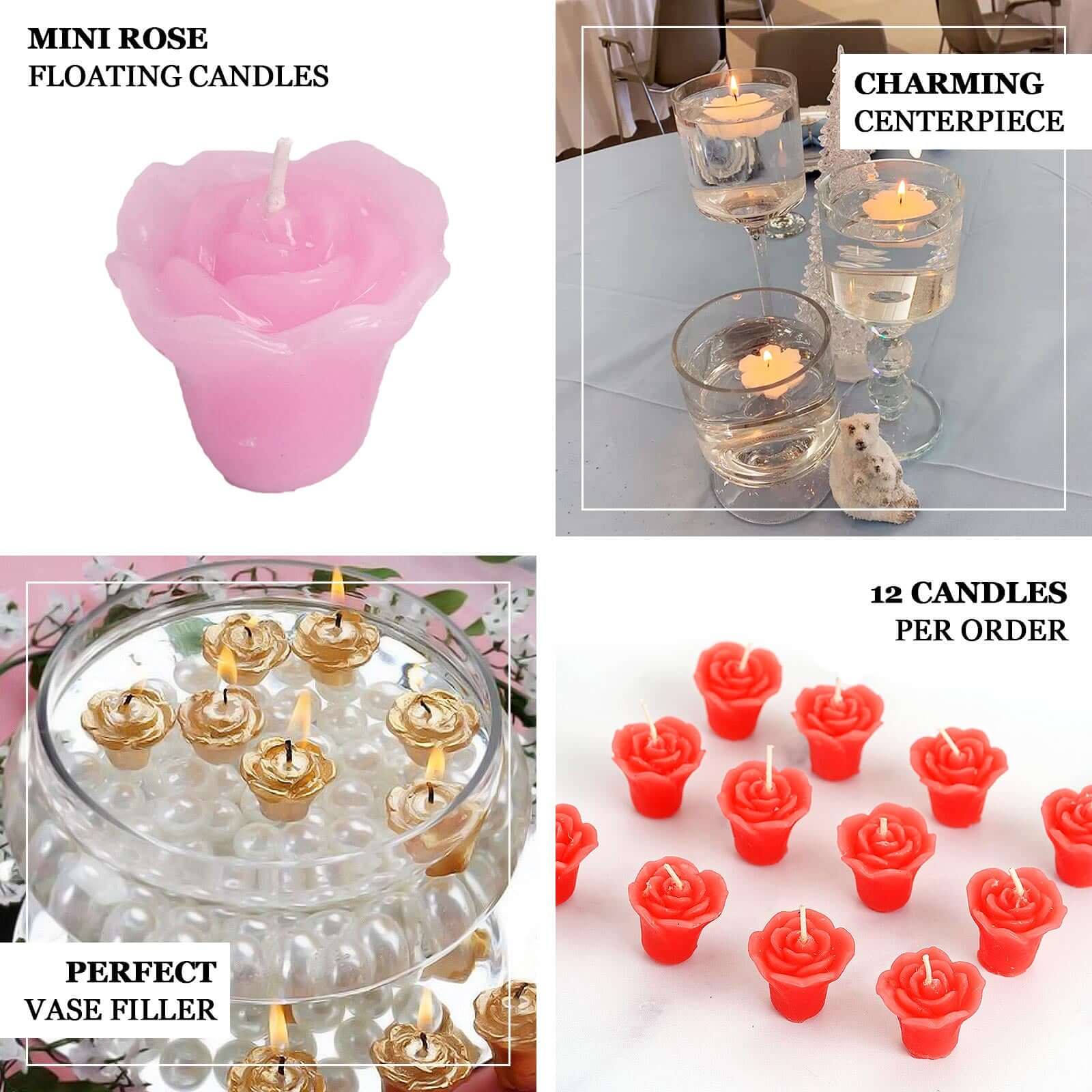 12-Pack Mini Floating Candles Rose Flower Design Pink - Wedding Vase Fillers for Decor 1"