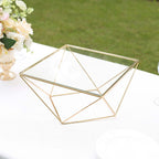 Metal Cake Stand Geometric Pedestal Riser Design Gold with Square Glass Top - Display Centerpiece 12"