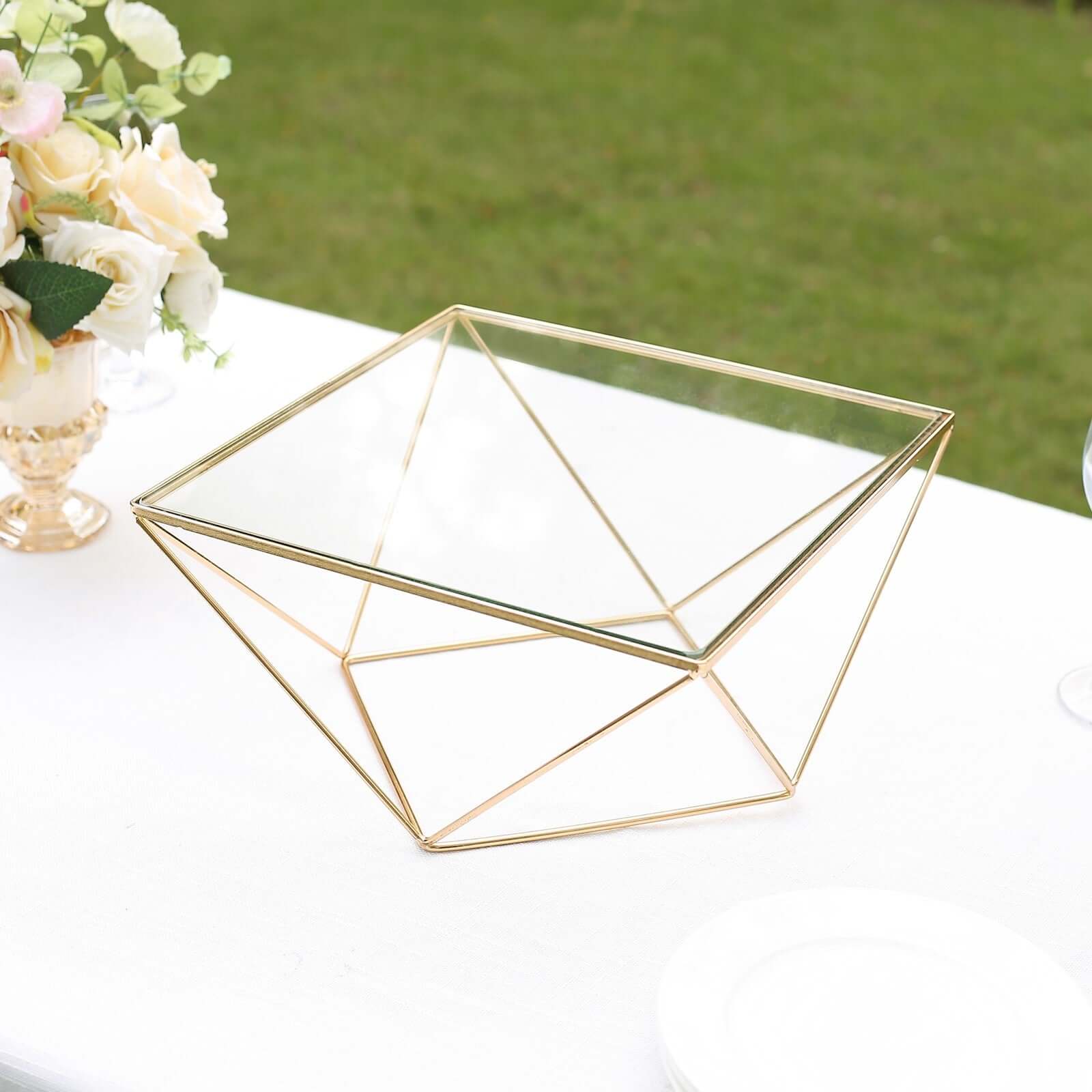Metal Cake Stand Geometric Pedestal Riser Design Gold with Square Glass Top - Display Centerpiece 12"